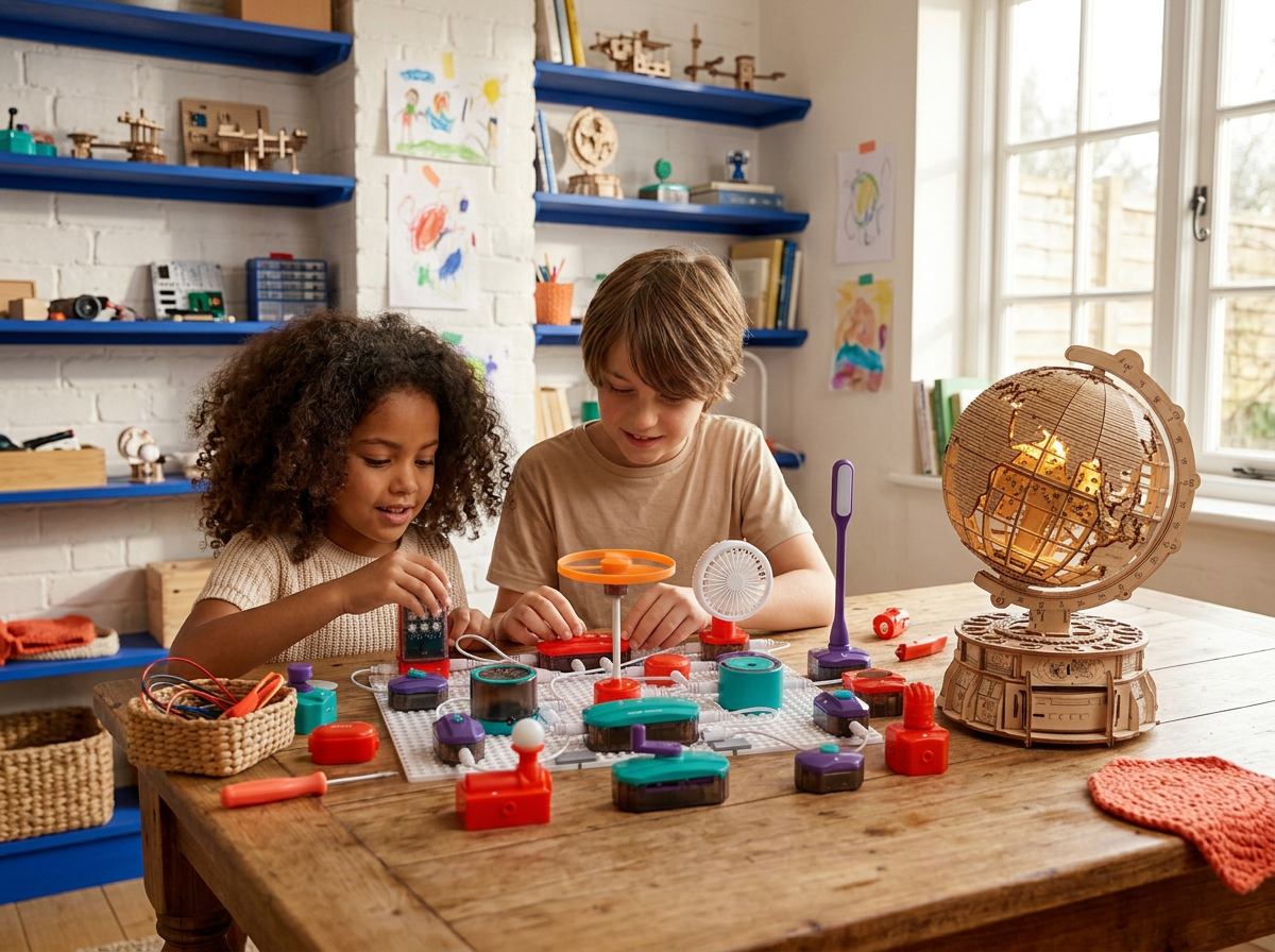 Two children building an educational robot together